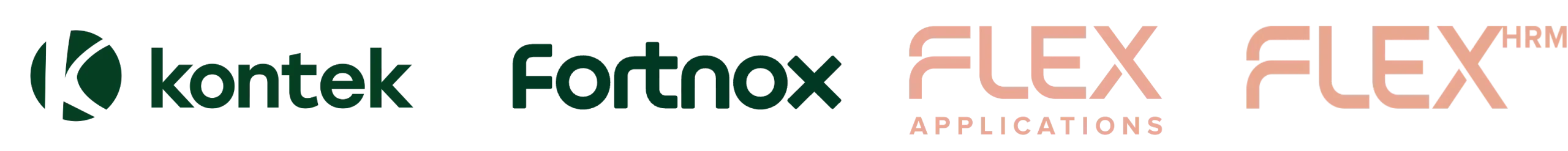 Logotyper för systemleverantörerna Kontek, Fortnox, Flex Applications och Flex HRM.