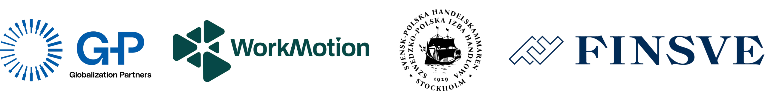 Logotyper för partners: Globalization Partners, Workmotion samt Svensk-Polska och Svensk-Finska Handelskammaren.