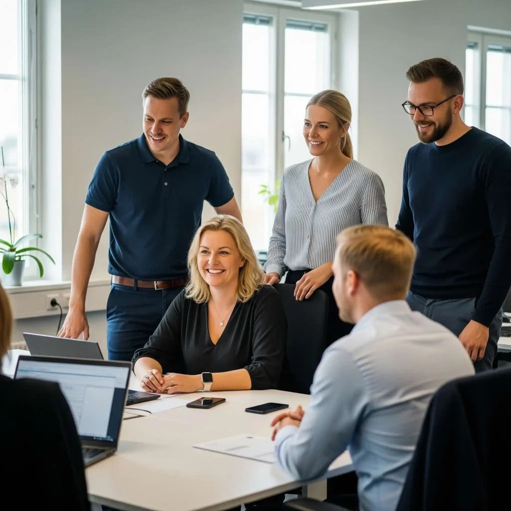 The Virtani payroll team in a professional office setting, ready to assist international clients with Swedish payroll compliance.
