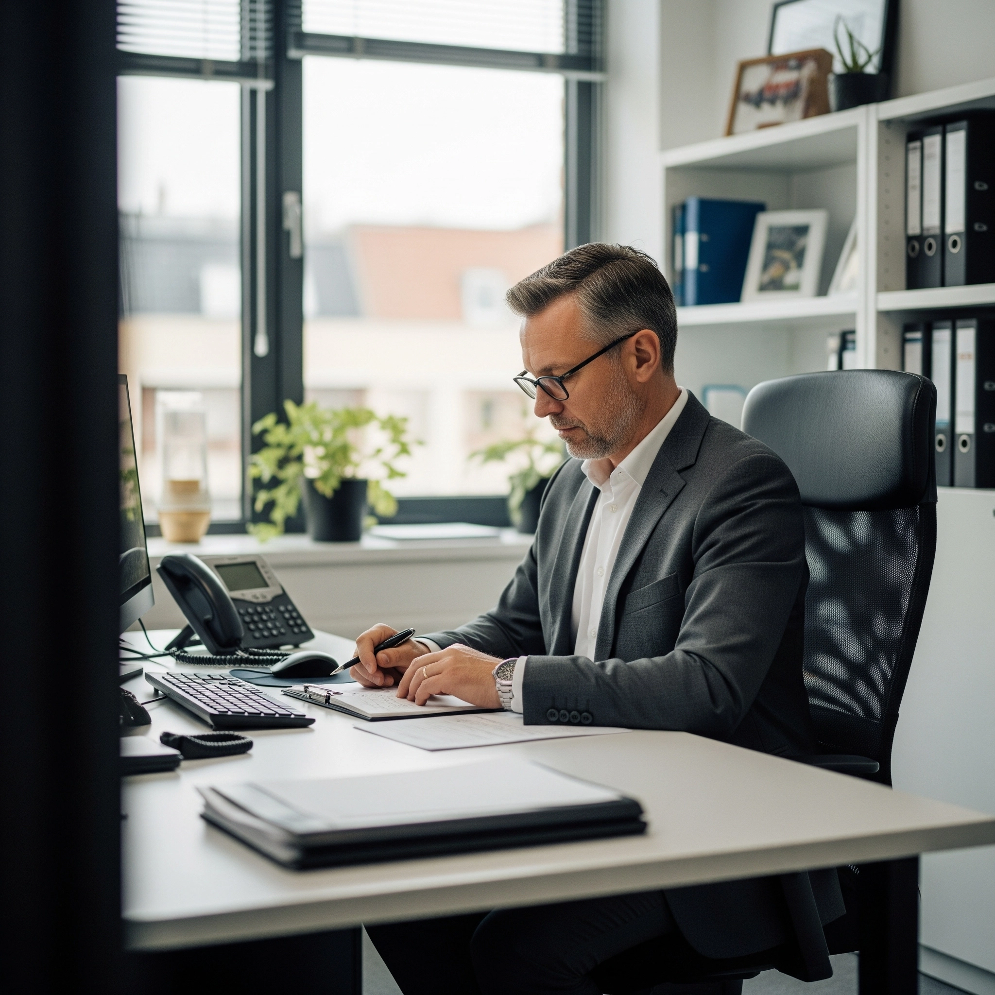 A Virtani corporate advisor at an office desk, representing expert Business Advisory services in Sweden.