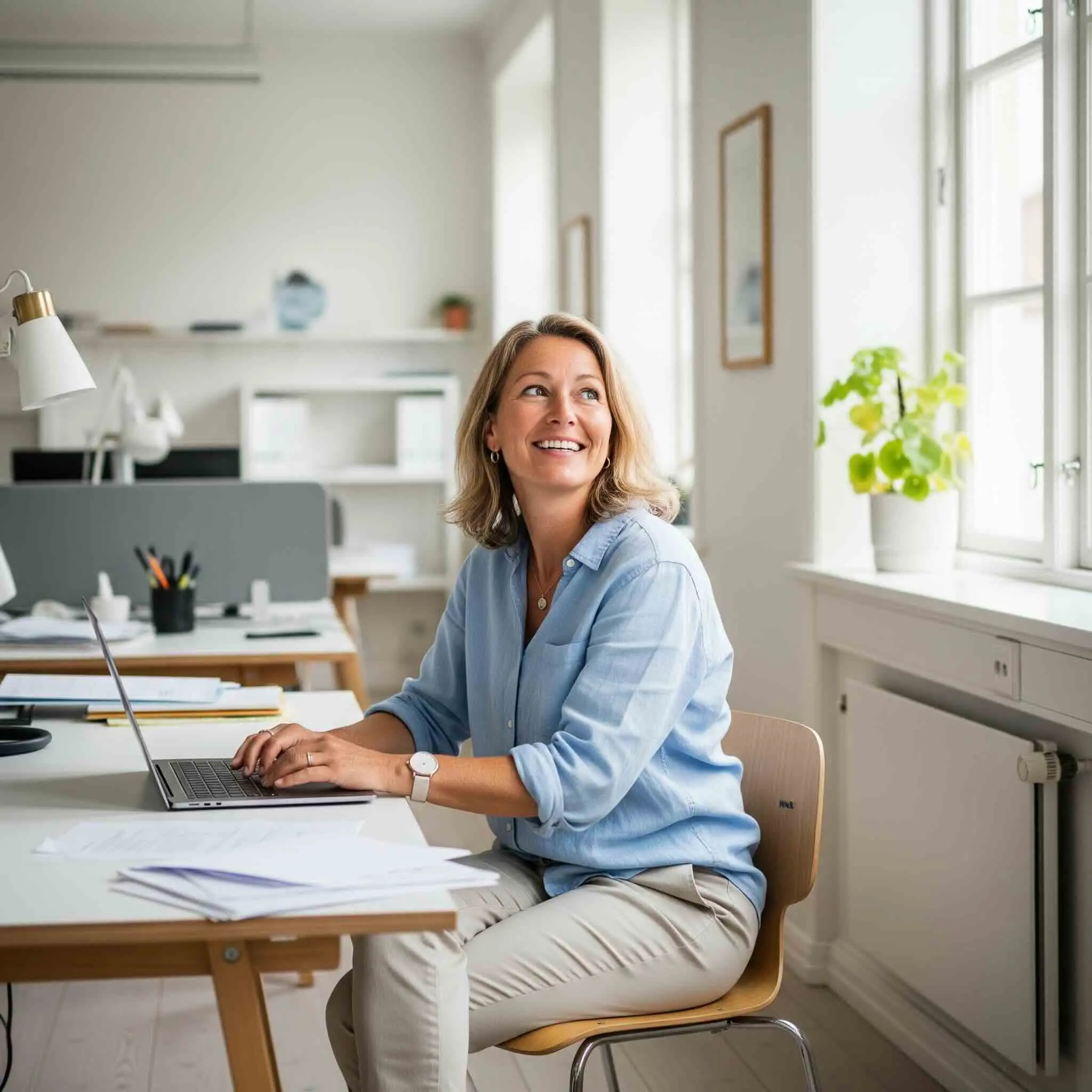 A professional female payroll consultant smiling in a bright Swedish office environment, representing expert payroll services.