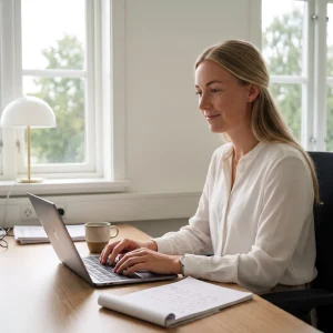 En senior interim lönekonsult från Virtani arbetar fokuserat vid sitt skrivbord med lönehantering.