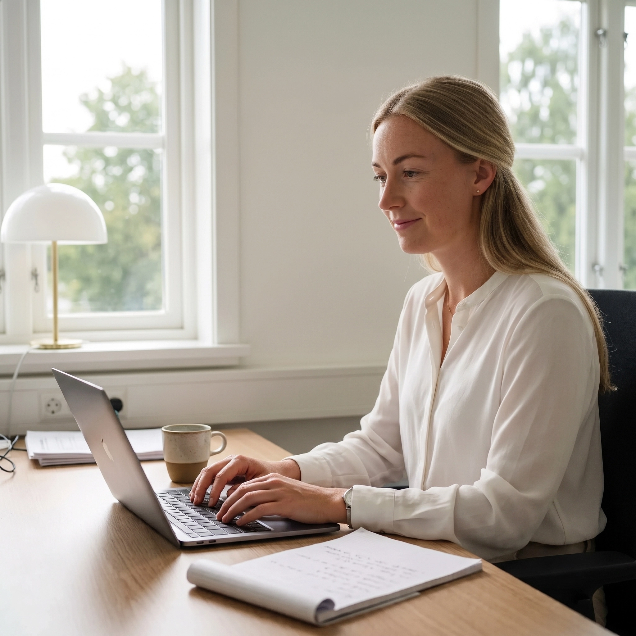 En senior interim lönekonsult från Virtani arbetar fokuserat vid sitt skrivbord med lönehantering.