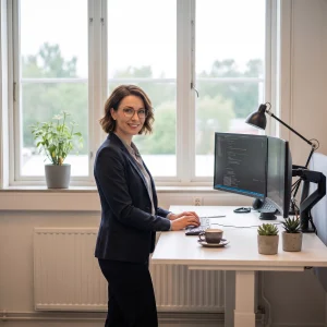 En medarbetare på lönebyrån Virtani arbetar fokuserat vid sitt skrivbord i ett modernt kontor.