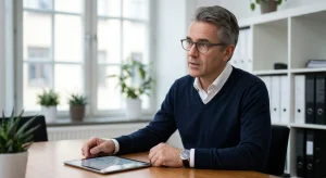 En engagerad lönekonsult från lönebyrån Virtani sitter vid ett skrivbord och för en trygg, rådgivande dialog med en företagskund.