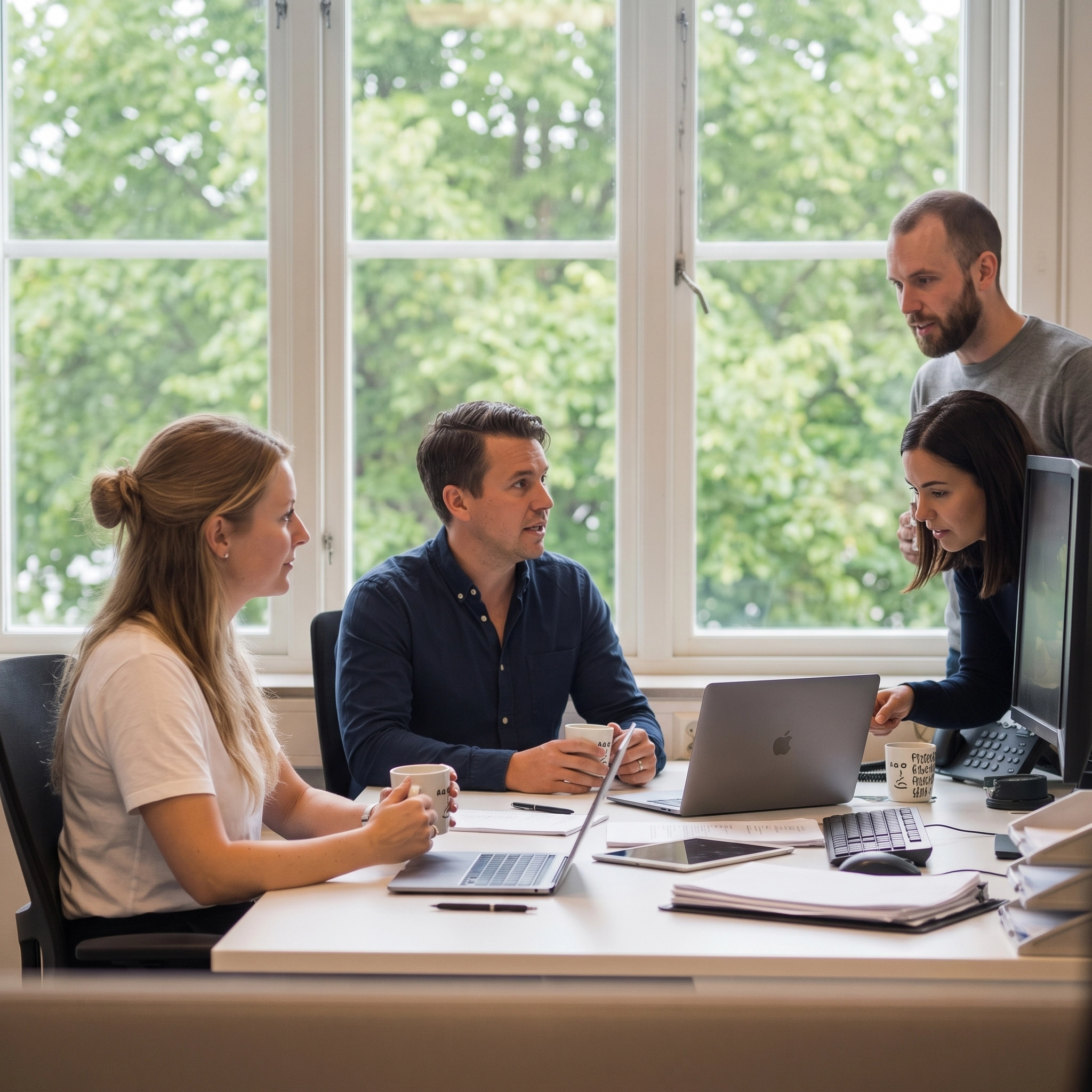 Team av lönespecialister från lönebyrån Virtani samlade runt ett skrivbord för att diskutera och kvalitetssäkra en kunds löneprocess.