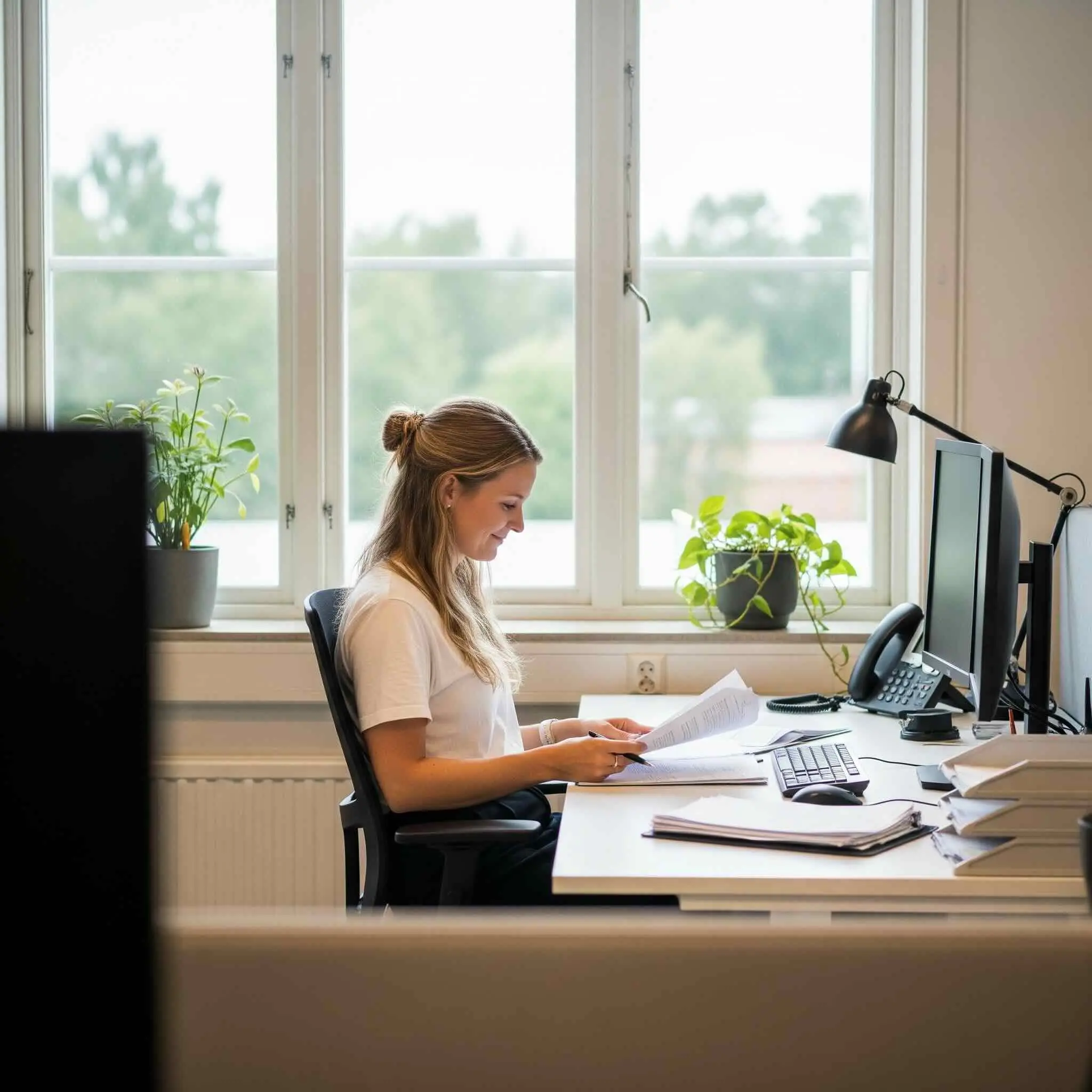 Lönekonsult går igenom löneunderlag vid sitt skrivbord – Virtani utför löneoutsourcing för företag i Sverige